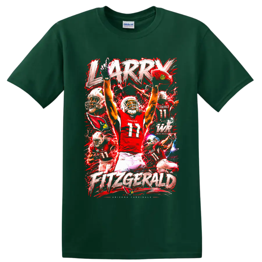 Larry Fitzgerald Arizona Cardinals number 11 action collage with red lightning lettering on a Forest Green T Shirt