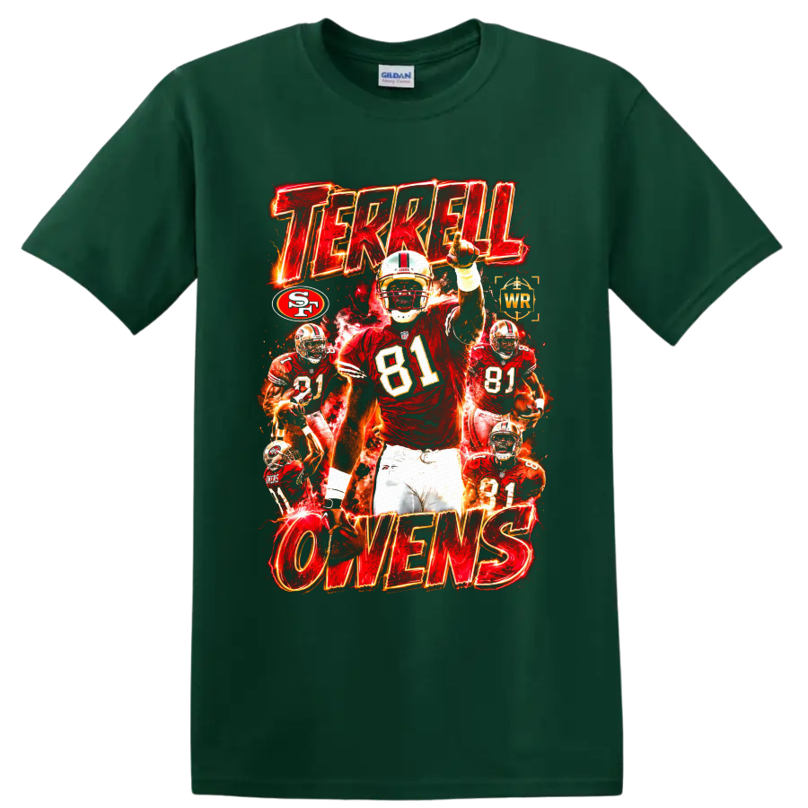Terrell Owens 49ers number 81 fiery football collage with TERRELL OWENS text on a Forest Green T Shirt