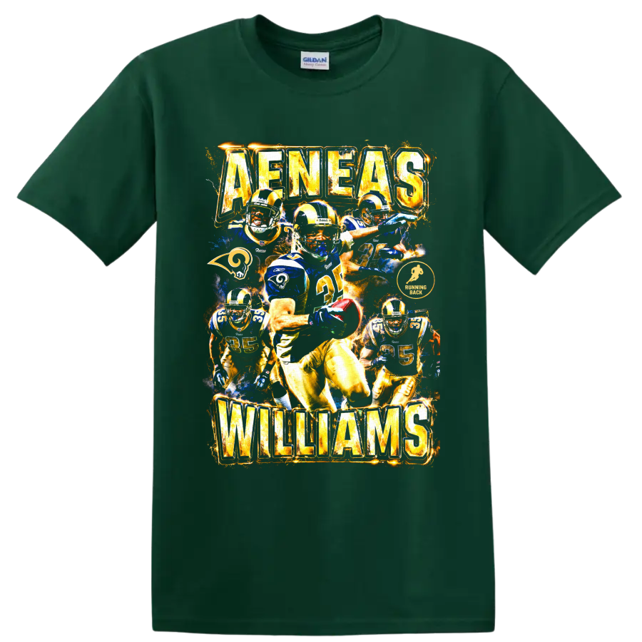 Aeneas Williams St. Louis Rams vintage football action collage with AENEAS WILLIAMS text on a Forest Green T Shirt