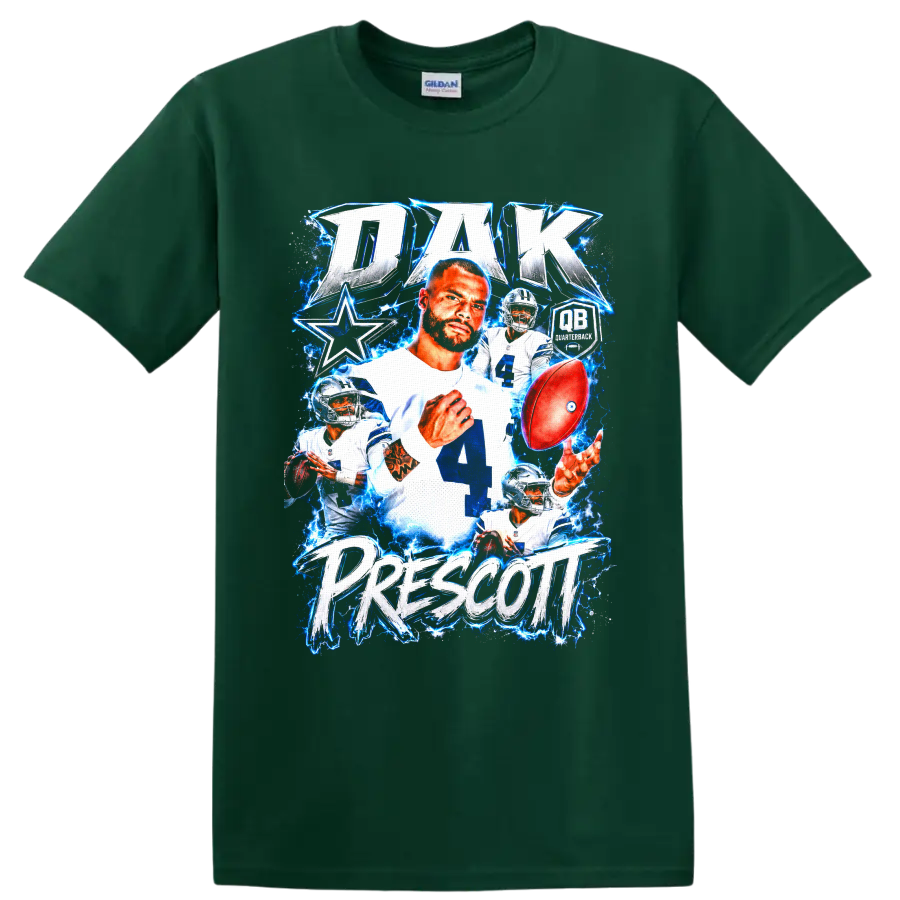 Dak Prescott Dallas Cowboys quarterback collage with football and electric blue effects on a Forest Green T Shirt