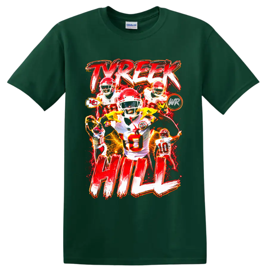 Tyreek Hill Kansas City Chiefs football collage with electric lettering and action poses on a Forest Green T Shirt
