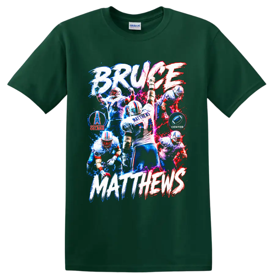 Bruce Matthews Houston Oilers No. 74 football collage with electric BRUCE MATTHEWS on a Forest Green T Shirt