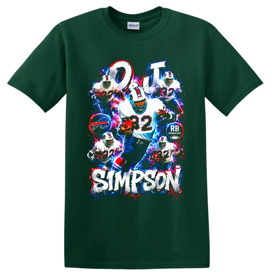O.J. Simpson Buffalo Bills number 32 running back electric collage graphic on a Forest Green T Shirt
