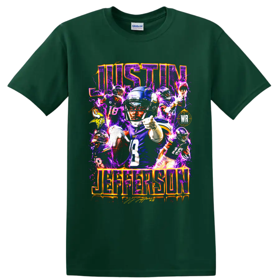 Justin Jefferson Minnesota Vikings number 18 football collage with electric purple on a Forest Green T Shirt