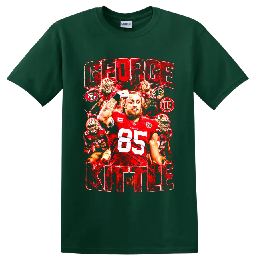 George Kittle 49ers number 85 football collage with distressed GEORGE KITTLE text on a Forest Green T Shirt