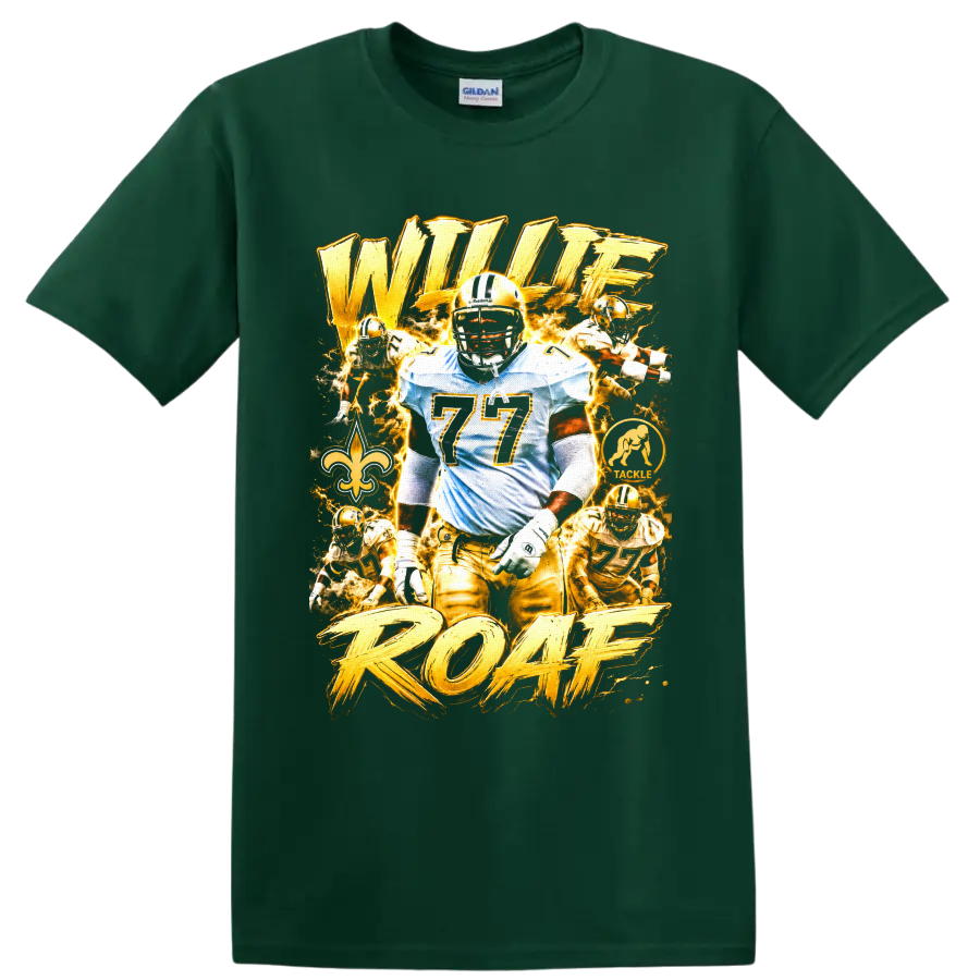 Willie Roaf Saints football collage with number 77, fleur-de-lis, and ROAF lettering on a Forest Green T Shirt