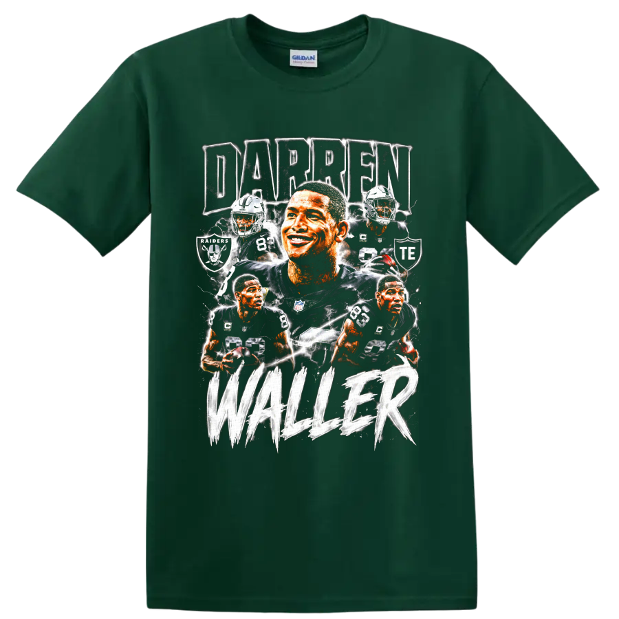 Darren Waller Raiders football collage with number 83, lightning, and DARREN WALLER text on a Forest Green T Shirt
