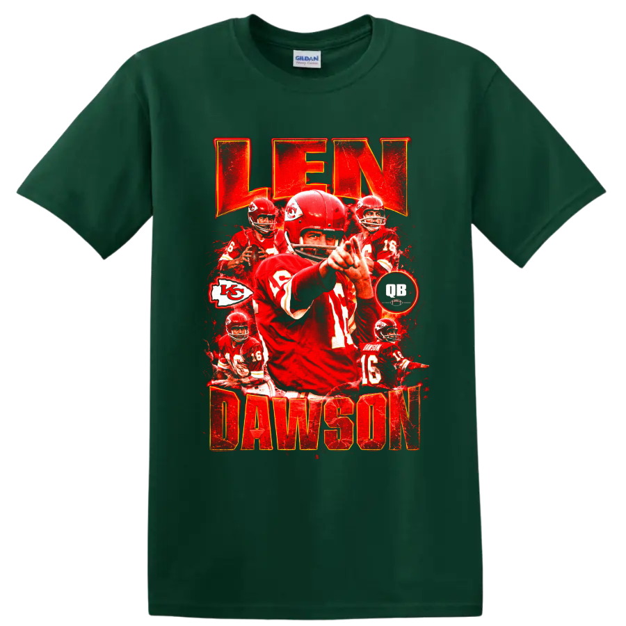 Len Dawson Kansas City Chiefs quarterback vintage red collage with LEN DAWSON text on a Forest Green T Shirt