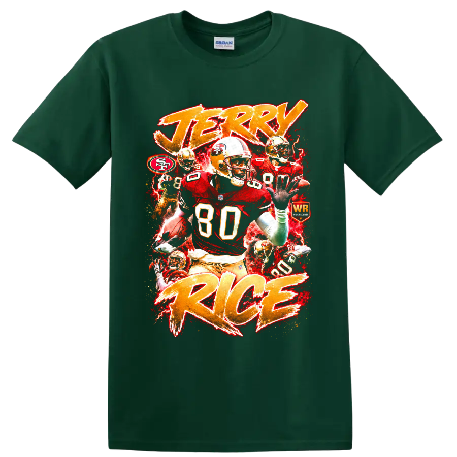 Jerry Rice 49ers wide receiver collage with number 80, red lightning, and gold lettering on a Forest Green T Shirt