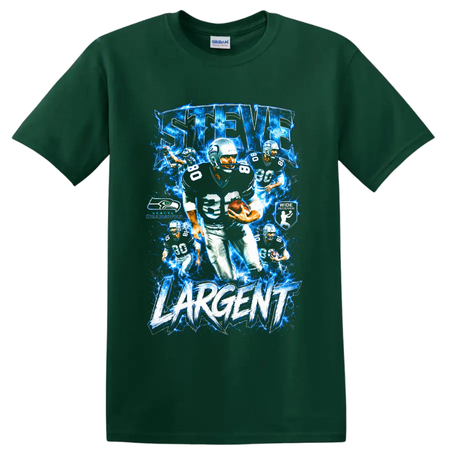 Steve Largent Seattle Seahawks number 80 electric blue football collage with Largent text on a Forest Green T Shirt