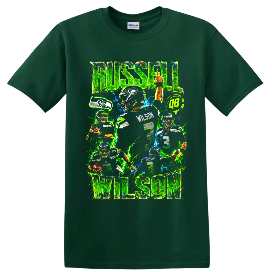 Russell Wilson Seahawks number 3 neon football collage with RUSSELL WILSON text on a Forest Green T Shirt