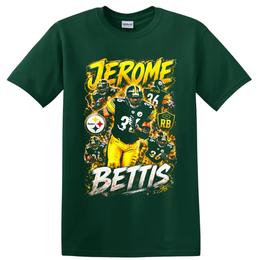 Jerome Bettis Pittsburgh Steelers number 36 fiery football action collage on a Forest Green T Shirt