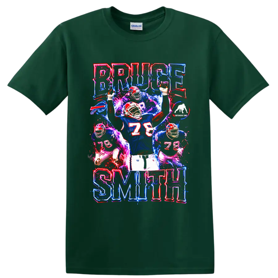 Bruce Smith Buffalo Bills number 78 neon football action collage on a Forest Green T Shirt