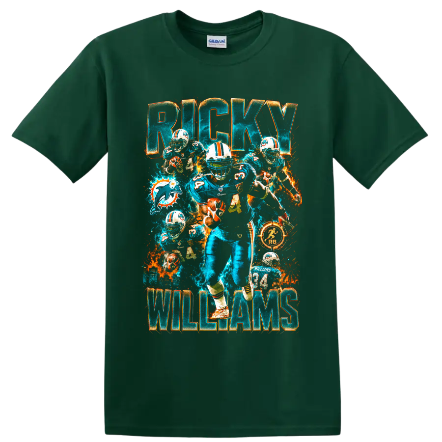 Ricky Williams Miami Dolphins number 34 action collage with RICKY and WILLIAMS text on a Forest Green T Shirt