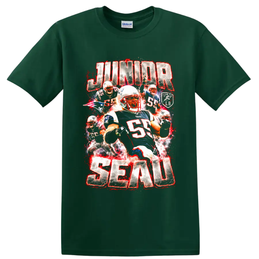 Junior Seau Patriots linebacker action collage with red electric splatter and bold on a Forest Green T Shirt