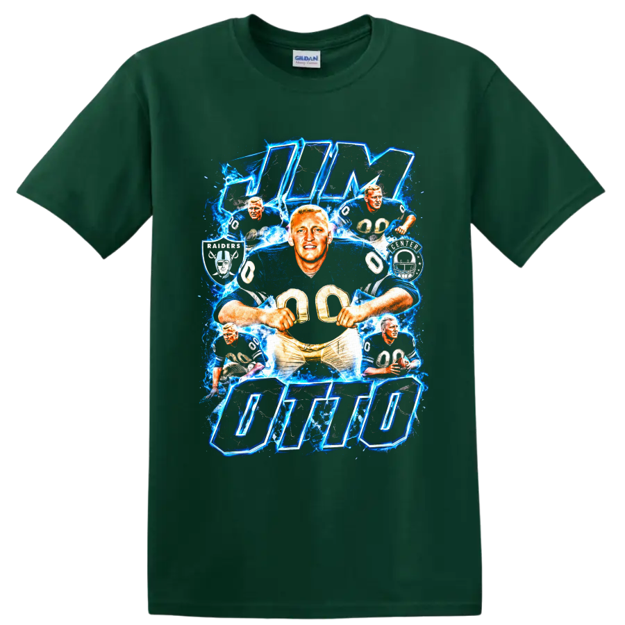Jim Otto Oakland Raiders number 00 action collage with lightning and bold OTTO lettering on a Forest Green T Shirt