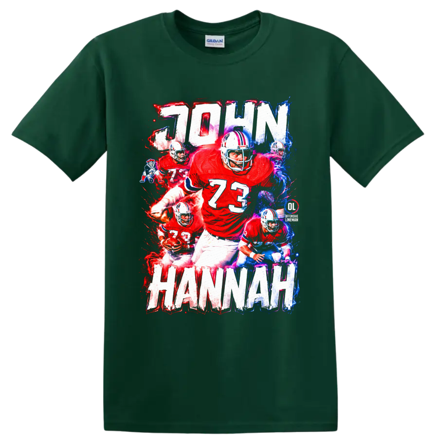 John Hannah number 73 football collage with electric red and blue Patriots artwork on a Forest Green T Shirt