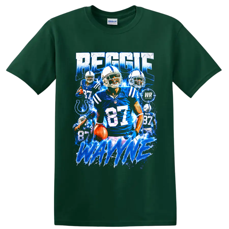 Reggie Wayne Colts number 87 football collage with electric blue action art on a Forest Green T Shirt
