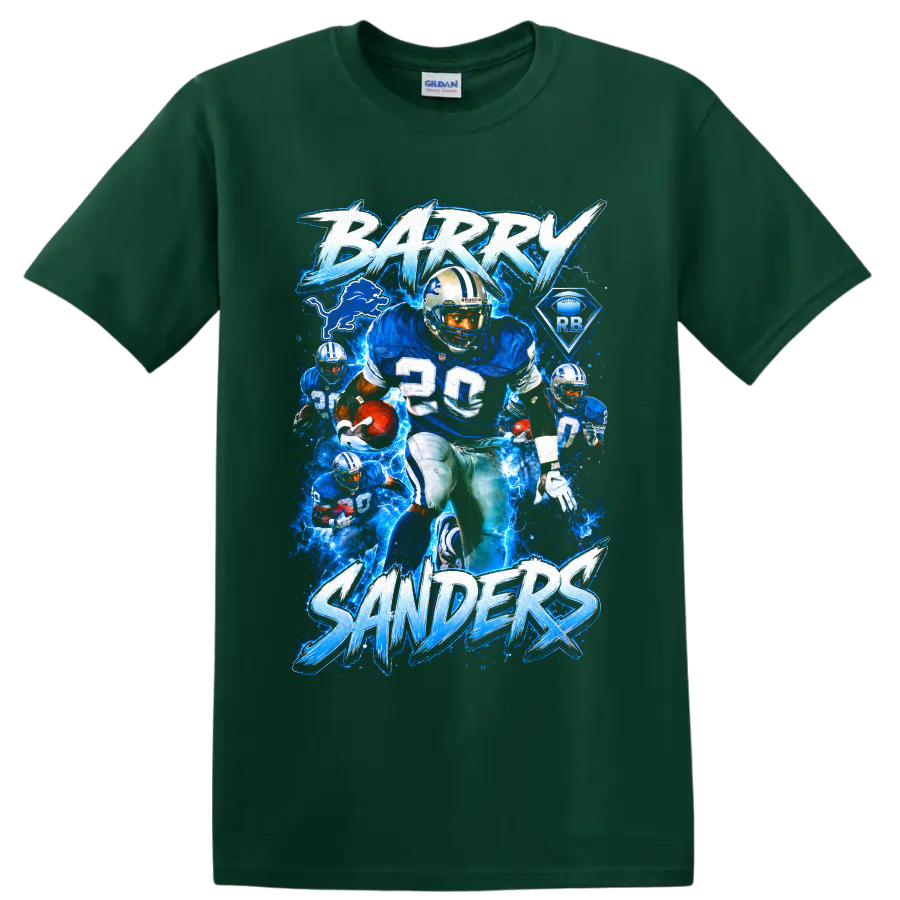 Barry Sanders Detroit Lions number 20 electric blue football action collage on a Forest Green T Shirt