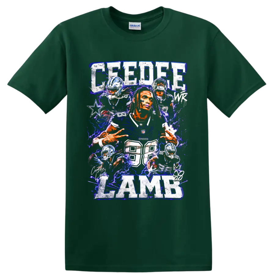 CeeDee Lamb Dallas Cowboys football collage with electric blue lightning and number 88 on a Forest Green T Shirt