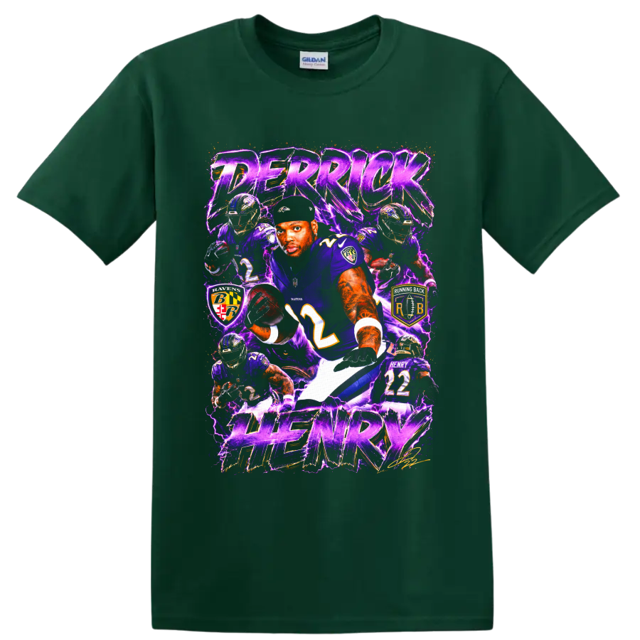 Derrick Henry Ravens No. 22 action collage with purple lightning and HENRY text on a Forest Green T Shirt