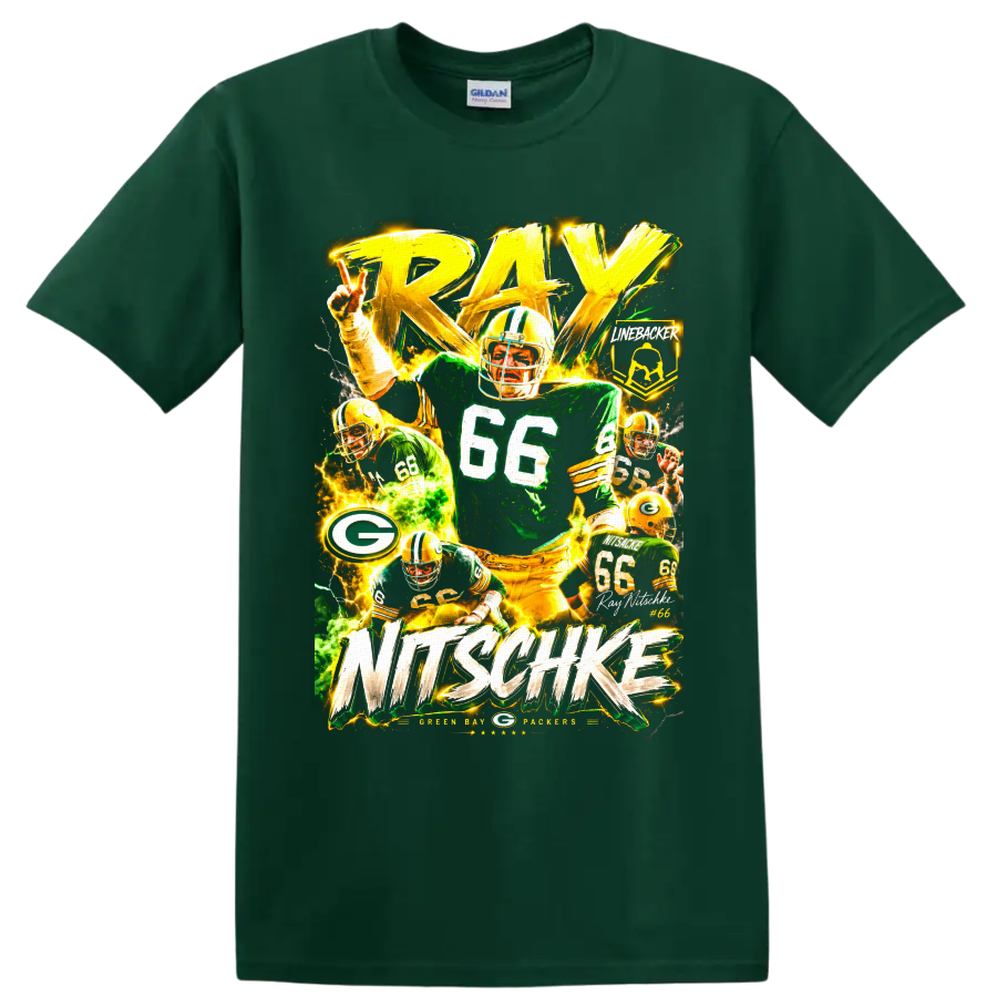 Ray Nitschke Packers number 66 linebacker collage with bold RAY NITSCHKE lettering on a Forest Green T Shirt