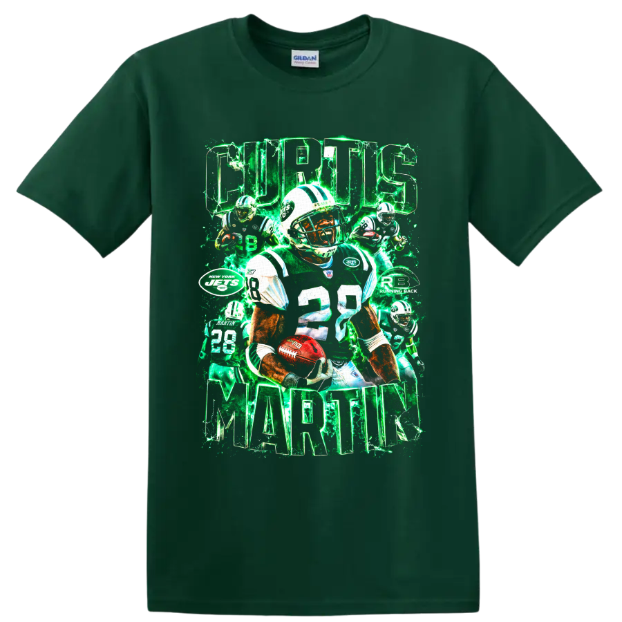 Curtis Martin New York Jets number 28 football collage with neon green lightning on a Forest Green T Shirt