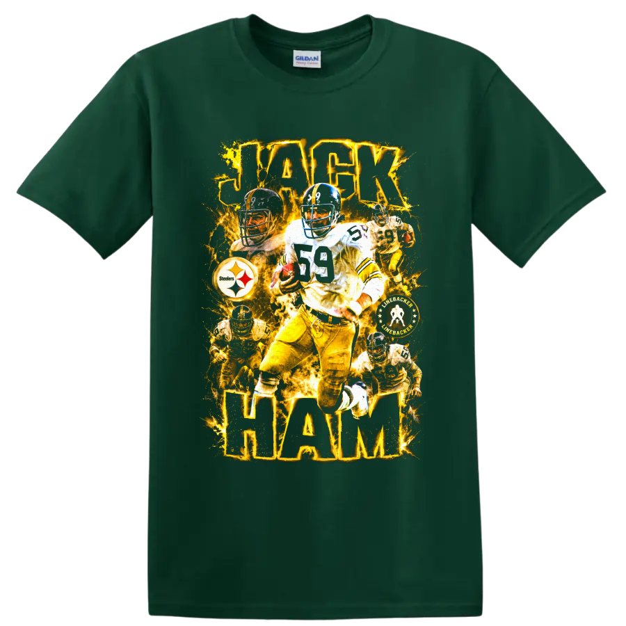 Jack Ham Pittsburgh Steelers number 59 linebacker collage with glowing gold text on a Forest Green T Shirt