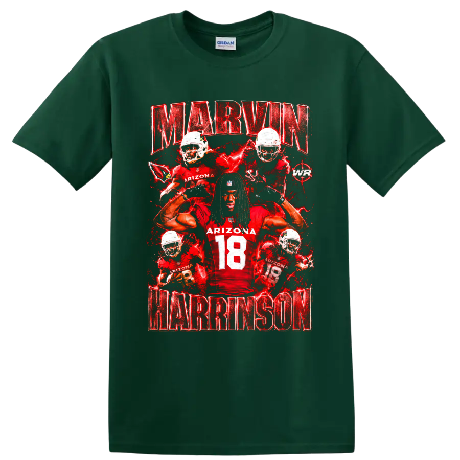 Marvin Harrison Jr Arizona Cardinals number 18 football collage with red lightning on a Forest Green T Shirt