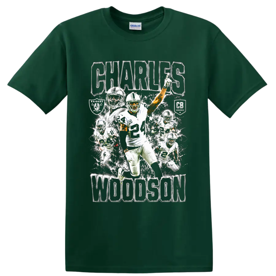 Charles Woodson number 24 football action collage with Raiders graphics and bold lettering on a Forest Green T Shirt