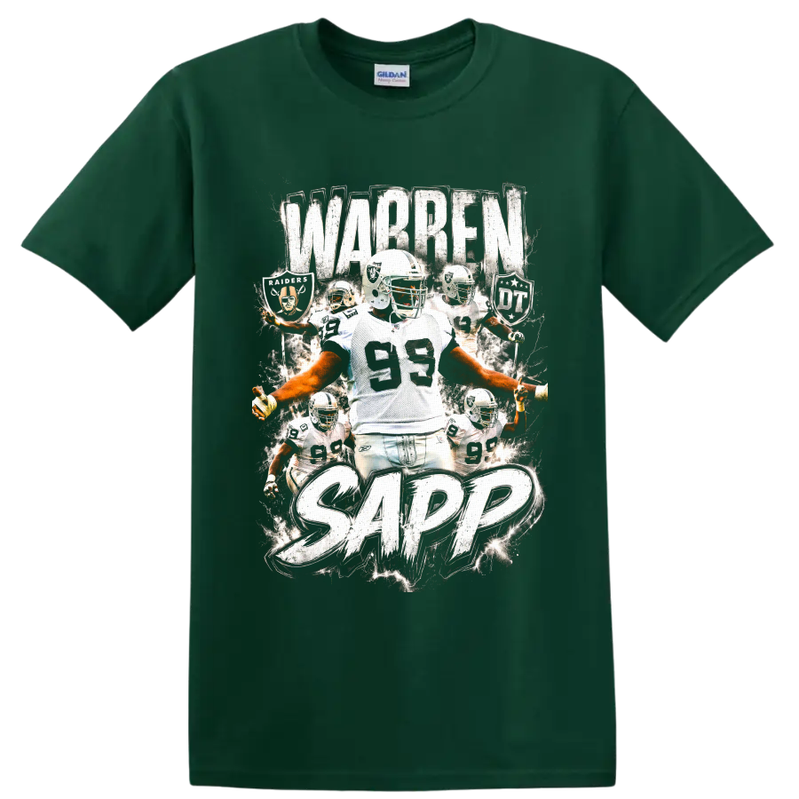 Warren Sapp Raiders number 99 football collage with distressed WARREN SAPP text on a Forest Green T Shirt