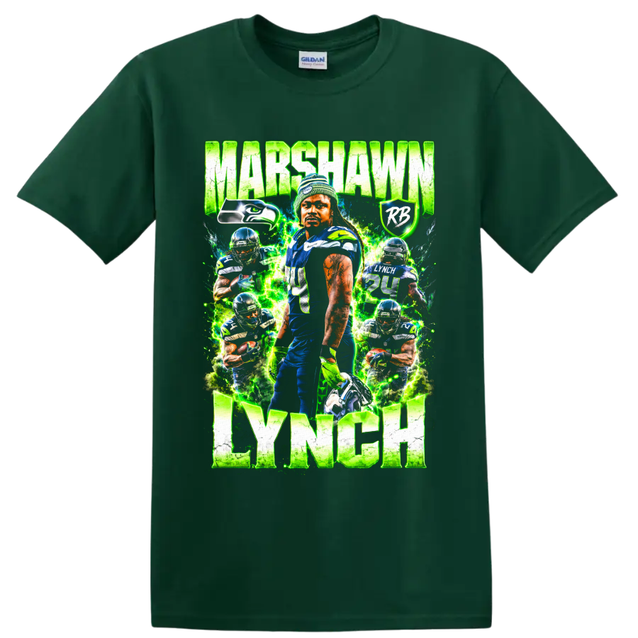 Marshawn Lynch Seattle Seahawks action collage with electric green lightning and name text on a Forest Green T Shirt