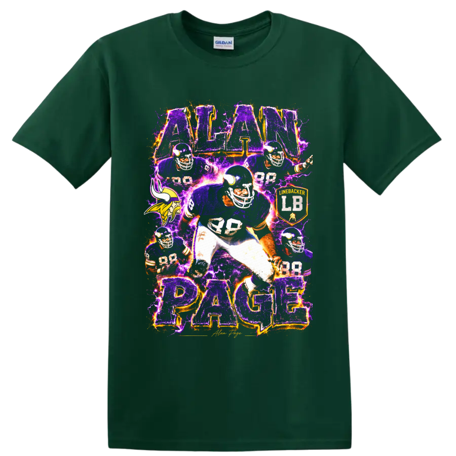 Alan Page 88 Minnesota Vikings-inspired football collage with purple lightning on a Forest Green T Shirt