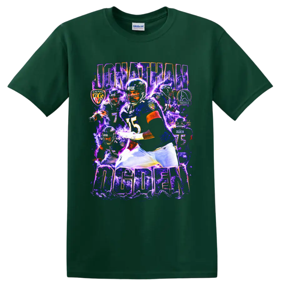 Jonathan Ogden Baltimore Ravens football collage with purple lightning and number 75 on a Forest Green T Shirt