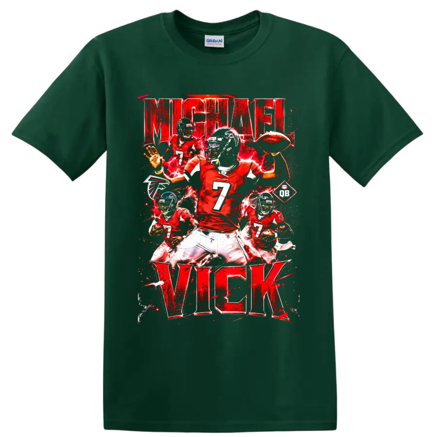 Michael Vick Atlanta Falcons red number 7 football action collage with electric effects on a Forest Green T Shirt