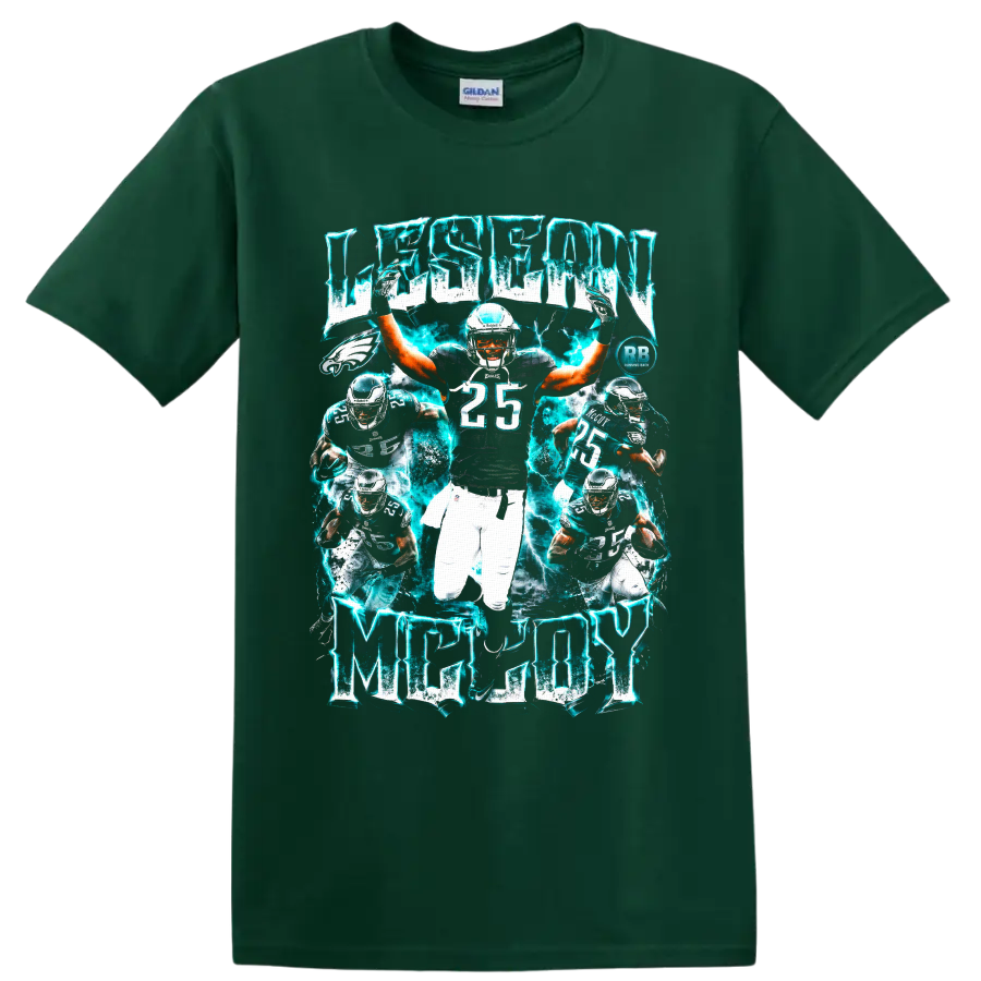 LeSean McCoy Philadelphia Eagles running back collage with electric teal lightning on a Forest Green T Shirt