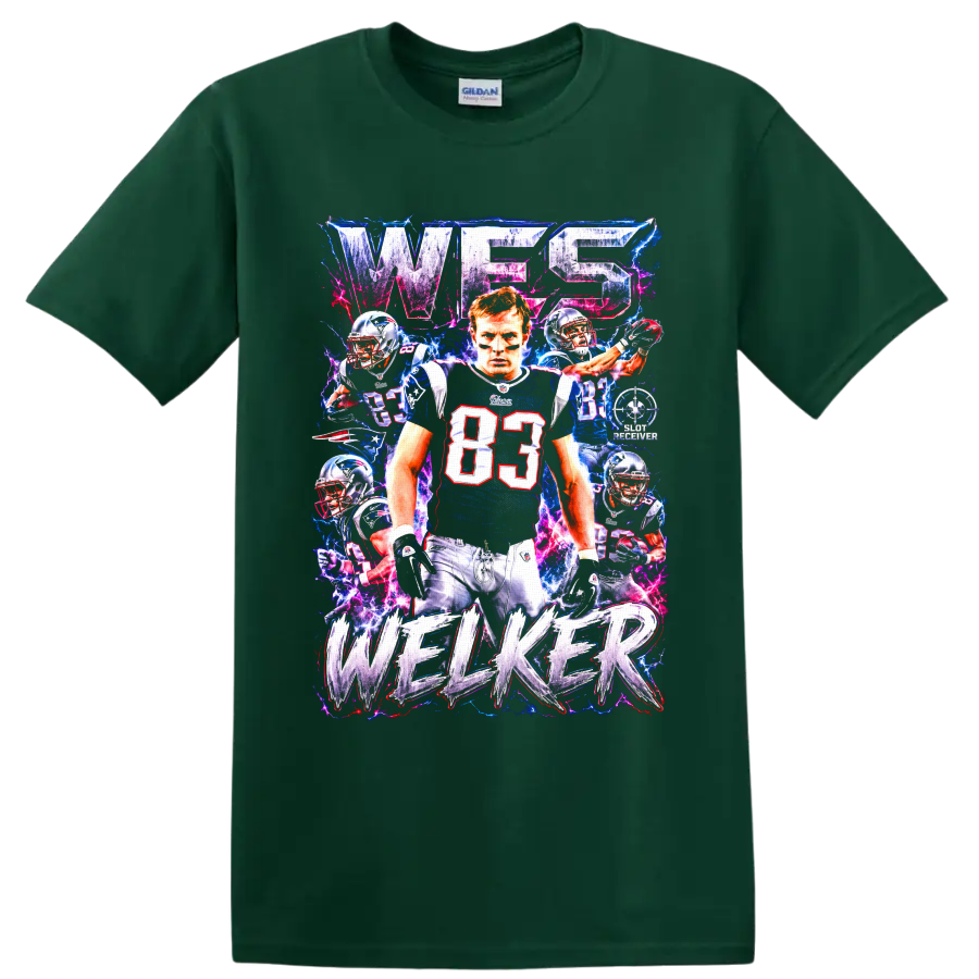 Wes Welker Patriots #83 football collage with neon lightning and distressed lettering on a Forest Green T Shirt