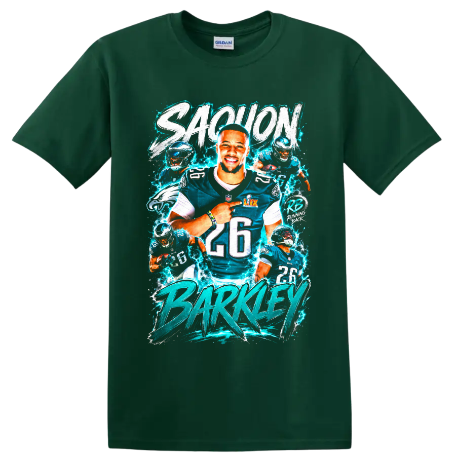 Saquon Barkley Eagles number 26 action collage with electric teal brush lettering on a Forest Green T Shirt