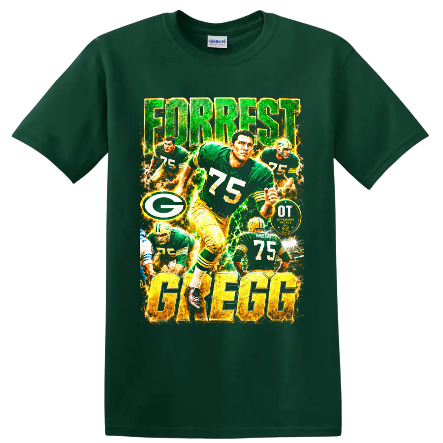 Forrest Gregg number 75 Packers offensive tackle football collage with electric lettering on a Forest Green T Shirt