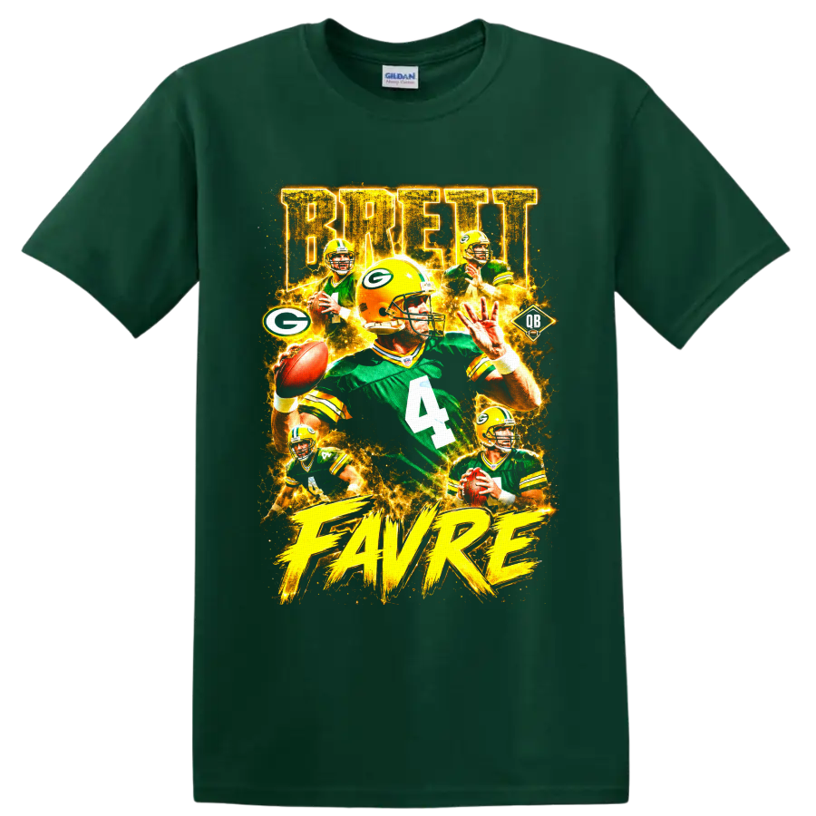 Brett Favre Green Bay Packers number 4 vintage football collage graphic on a Forest Green T Shirt