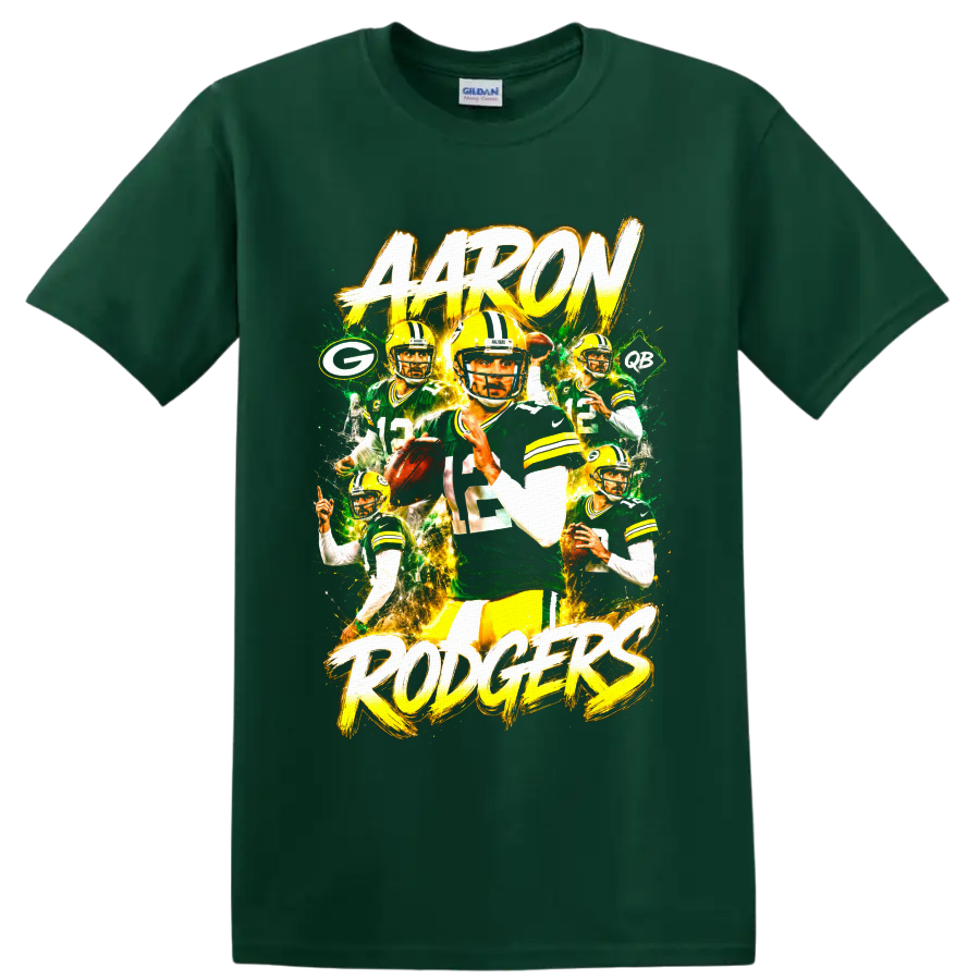 Aaron Rodgers Packers quarterback action collage with AARON RODGERS brush lettering on a Forest Green T Shirt