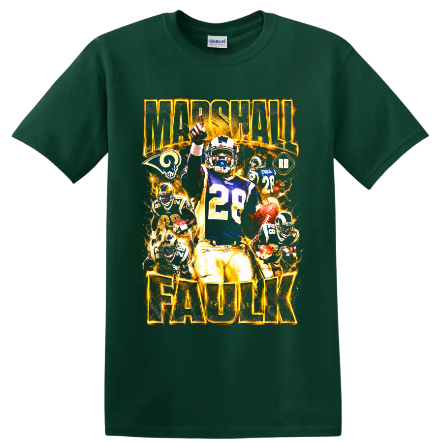 Marshall Faulk St. Louis Rams number 28 football collage with fiery gold lettering on a Forest Green T Shirt