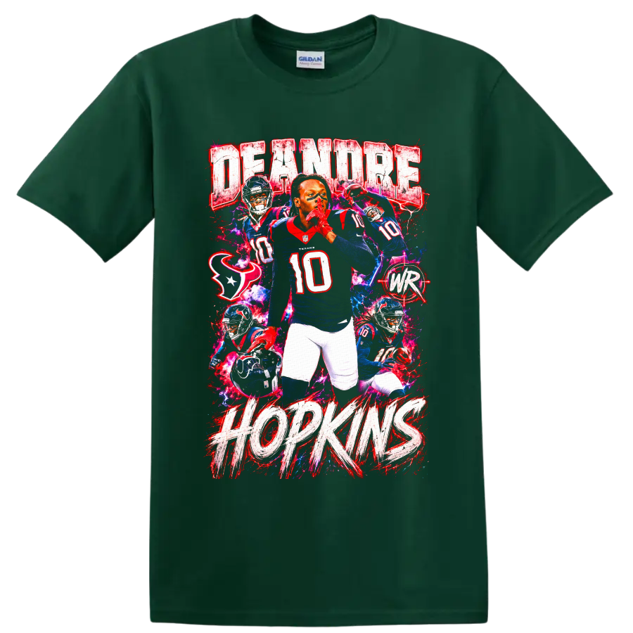 DeAndre Hopkins Houston Texans number 10 action collage with DEANDRE HOPKINS lettering on a Forest Green T Shirt