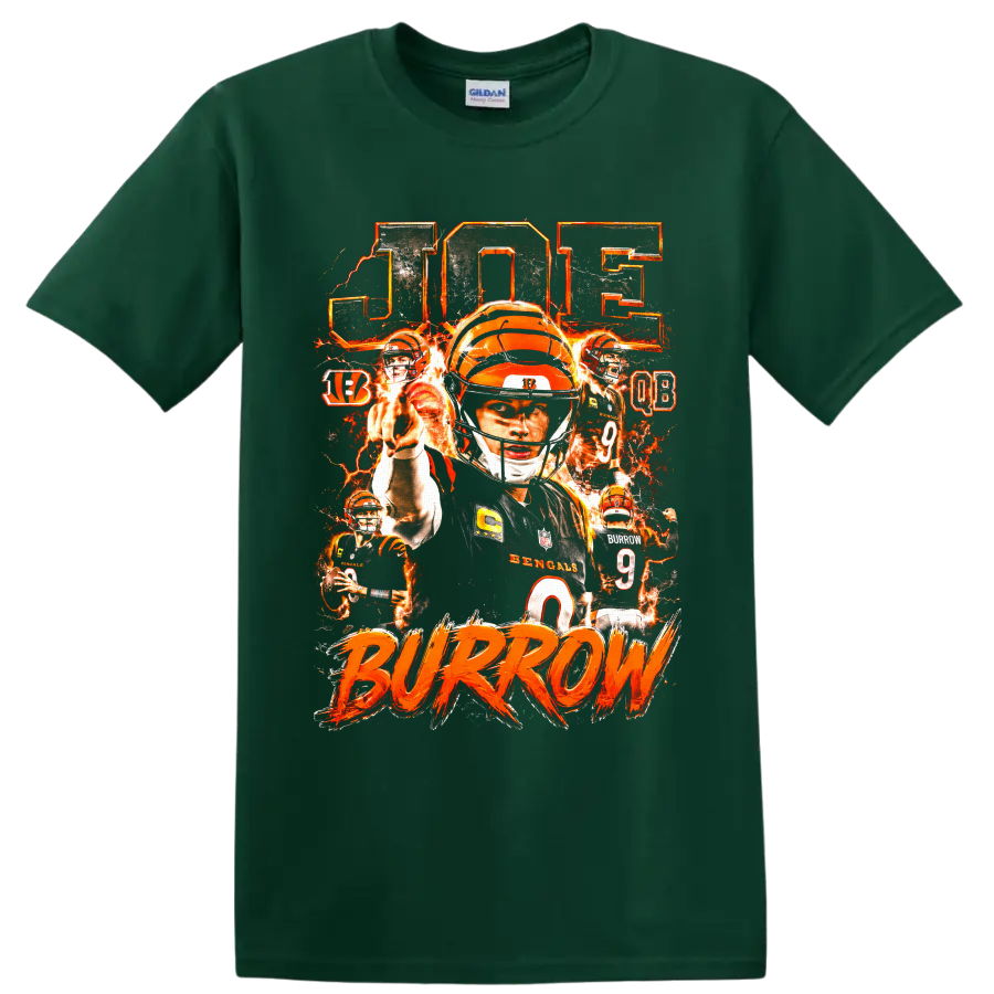 Joe Burrow Bengals number 9 fiery quarterback collage with BURROW lettering on a Forest Green T Shirt