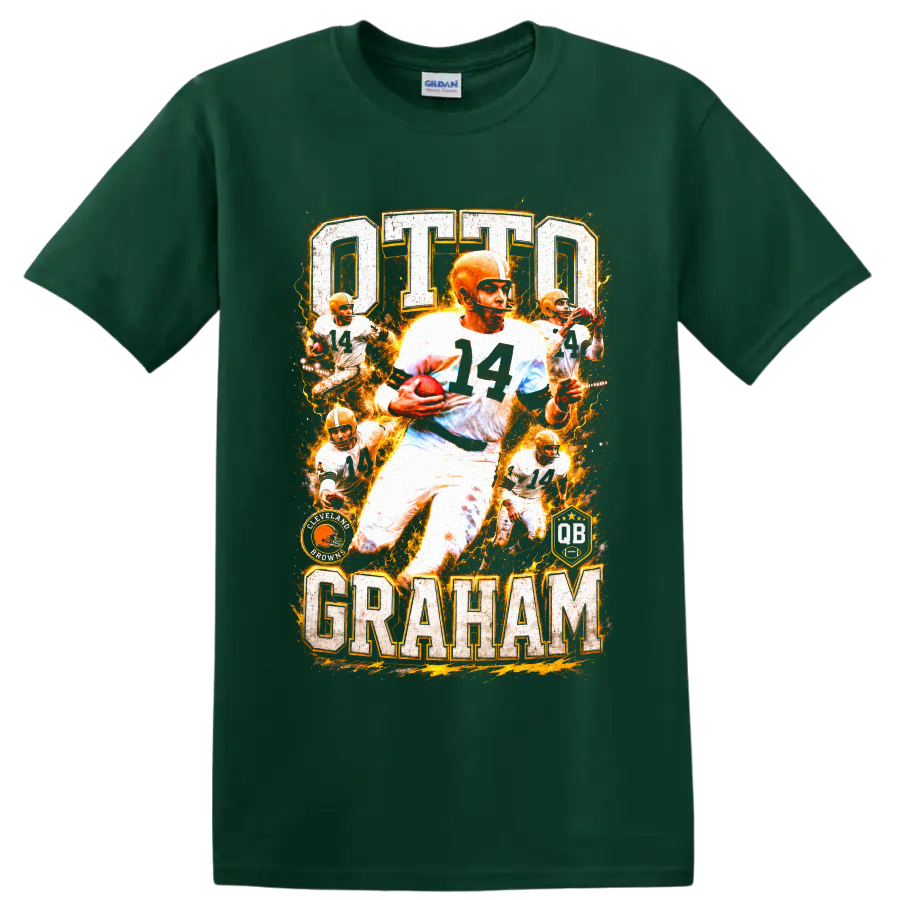 Otto Graham No. 14 Cleveland Browns vintage action collage with OTTO GRAHAM lettering on a Forest Green T Shirt