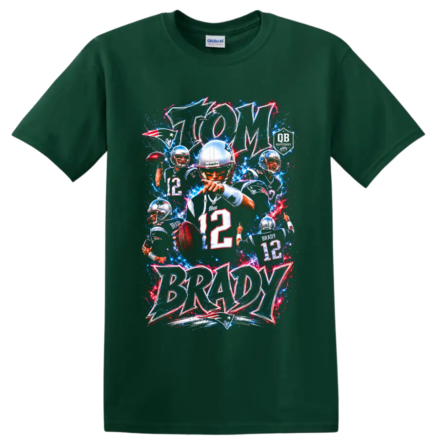 Tom Brady Patriots quarterback collage with number 12 and electric GOAT lettering on a Forest Green T Shirt