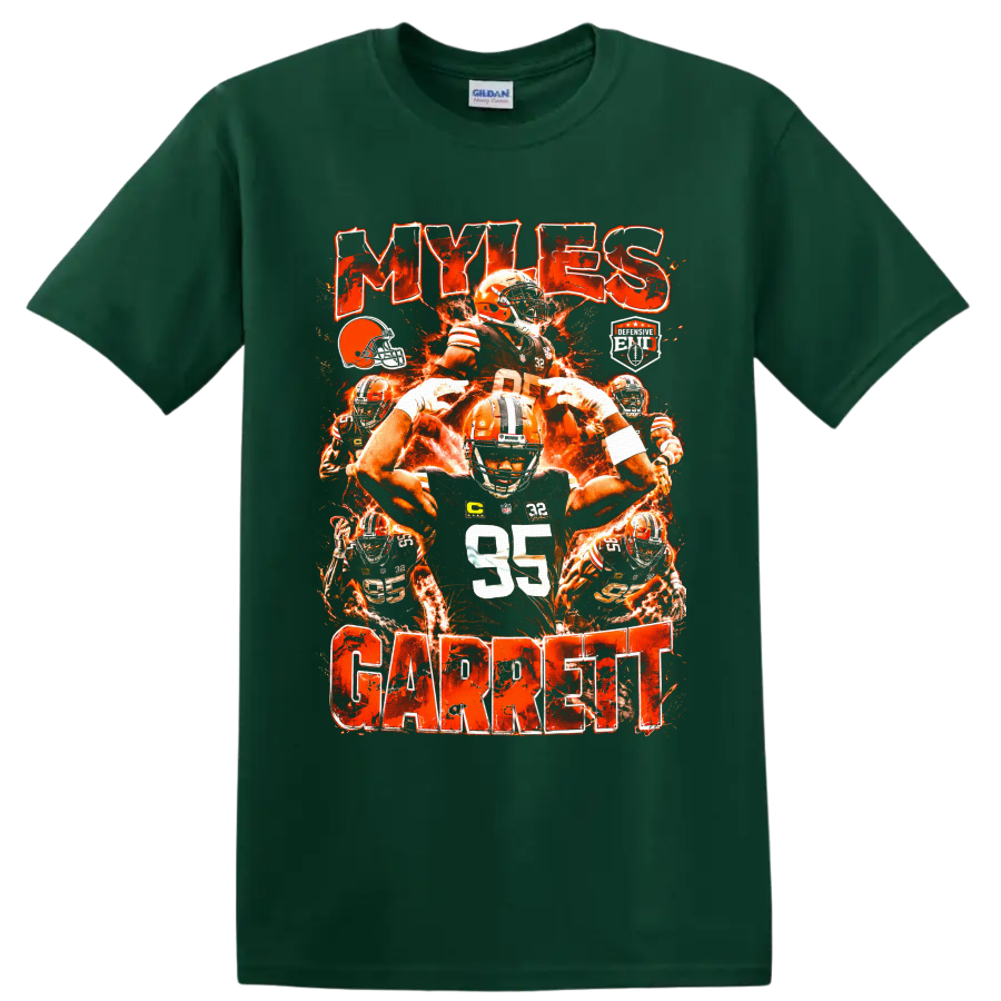 Myles Garrett Cleveland Browns fiery football collage with number 95 and MYLES GARRETT on a Forest Green T Shirt