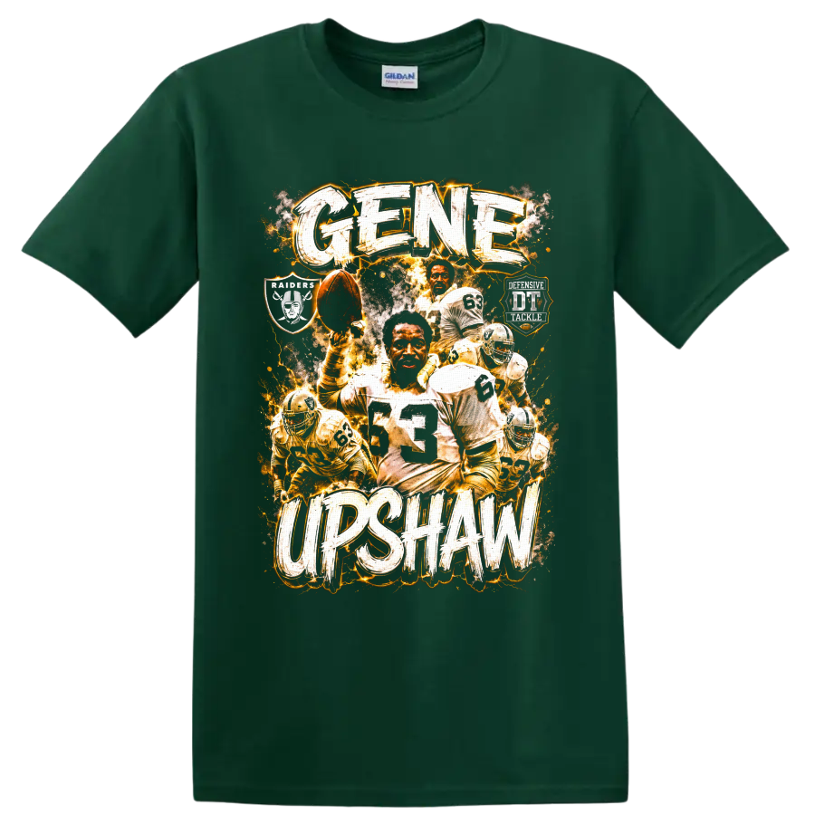Gene Upshaw Oakland Raiders football collage with number 63 and distressed lettering on a Forest Green T Shirt