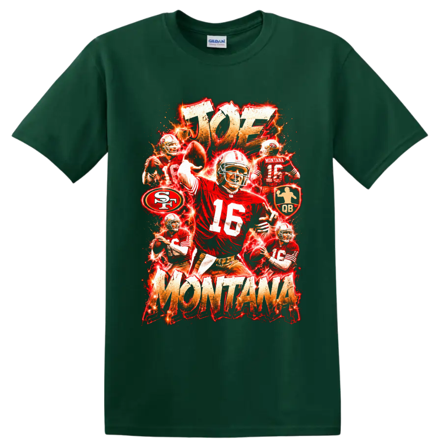 Joe Montana 49ers quarterback collage with No. 16 action, lightning, and distressed on a Forest Green T Shirt