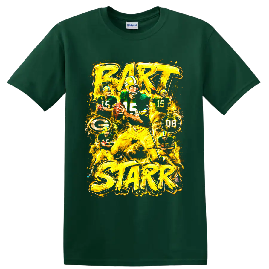 Bart Starr Green Bay Packers quarterback collage with vintage action art and electric on a Forest Green T Shirt